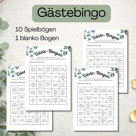 Gästebingo mit 10 Spielebögen und 1 Blankobogen