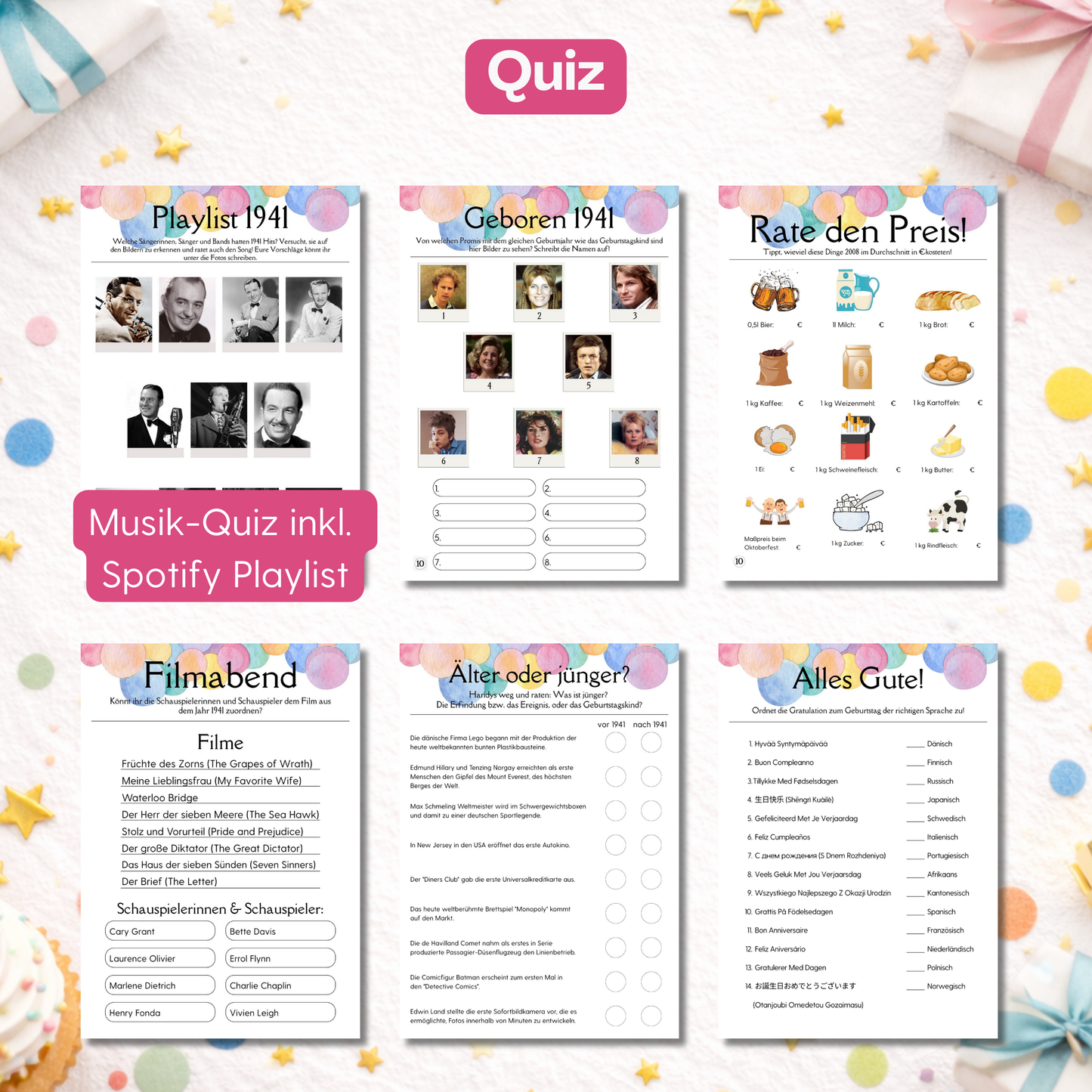 Spieleset 85. Geburtstag (1941) – 14 Partyspiele, Quiz & Gästebingo zum Ausdrucken