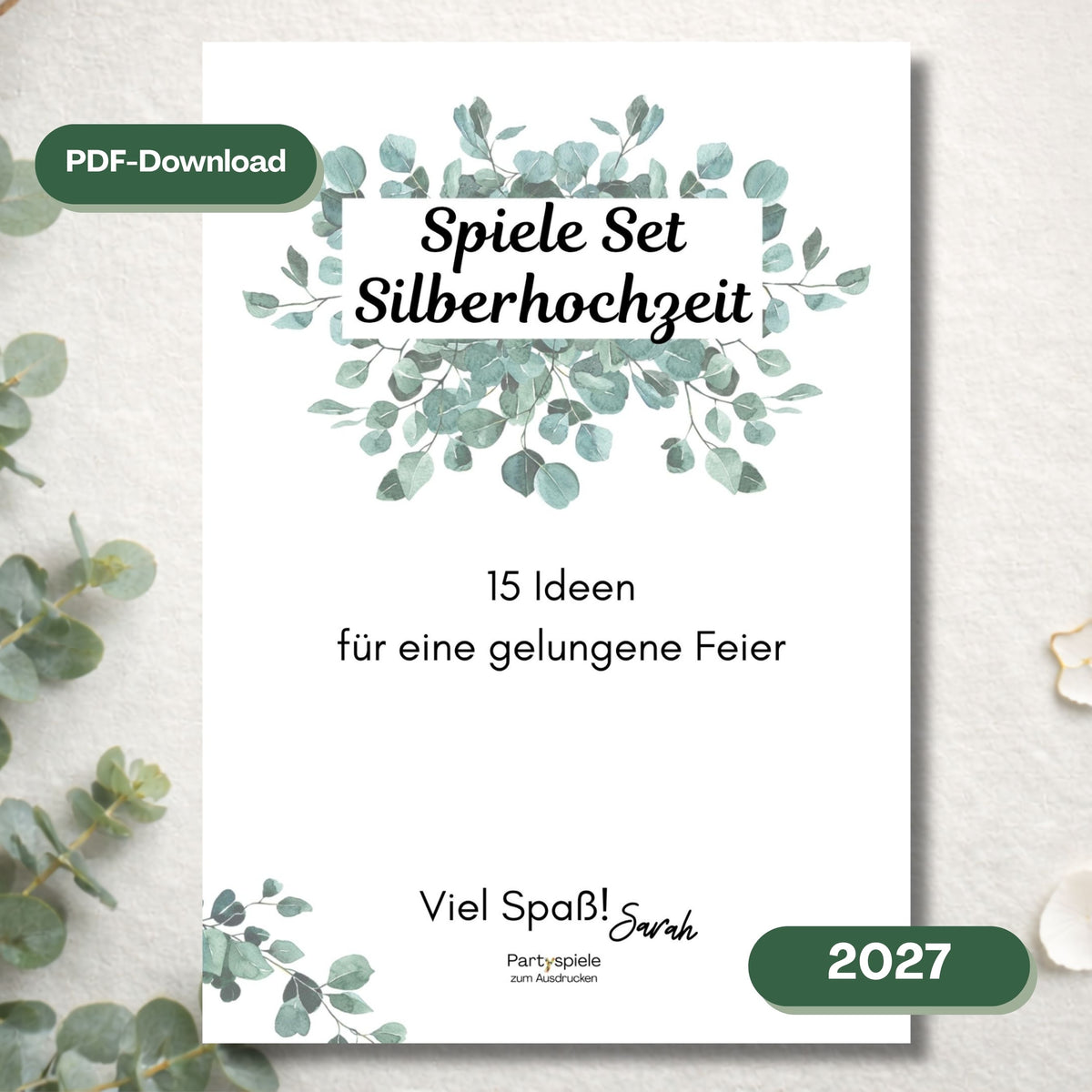 Cover des Spiele-Sets Silberhochzeit 2027 mit Eukalyptus-Design, Badges „PDF-Download" und „2027"