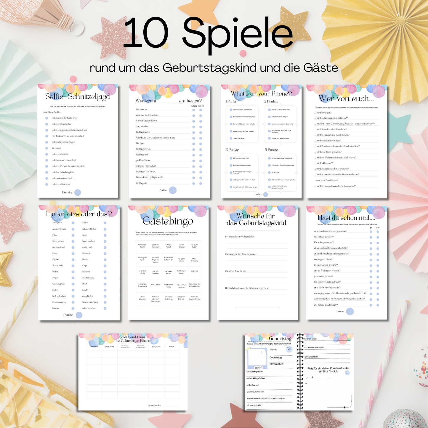Teenager Geburtstag Spiele Set – 10 Partyspiele für Teenie Geburtstagsparty zum Ausdrucken, PDF, bunt