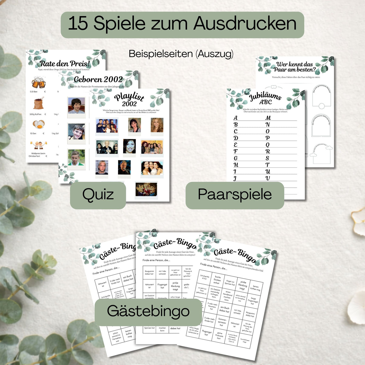 Übersicht von sechs Beispielseiten des Spiele-Sets Silberhochzeit – Rate den Preis, Geboren 2002, Playlist 2002, Wer kennt das Paar am besten, Jubiläums-ABC und Gästebingo
