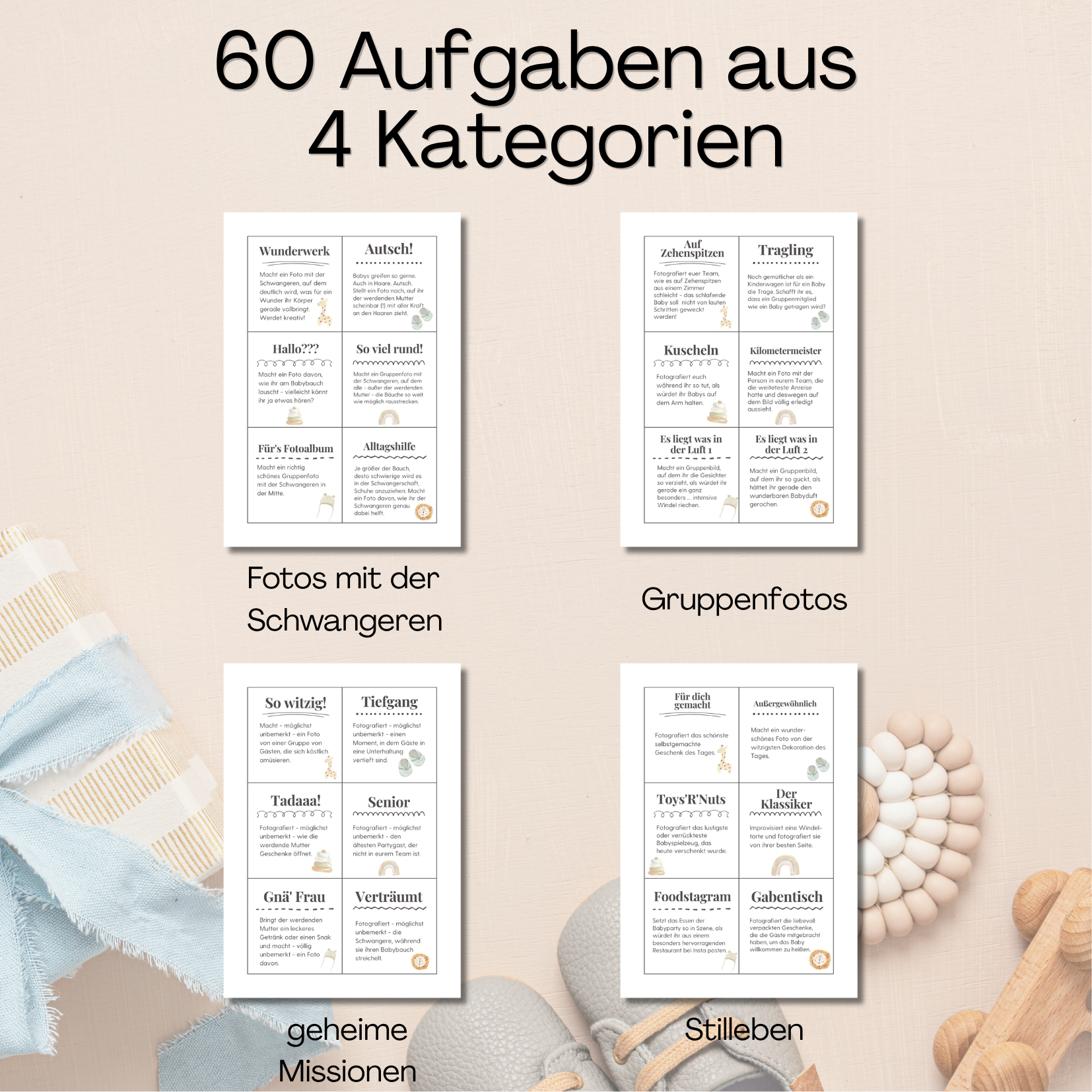 60 Fotoaufgaben aus 4 Kategorien für die Babyparty