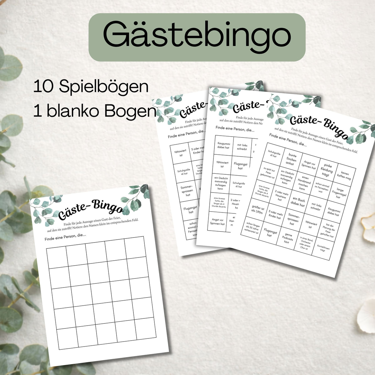 Drei Gästebingo-Spielkarten mit Eukalyptus-Design, Hinweis auf 10 Spielbögen plus 1 blanko Bogen
