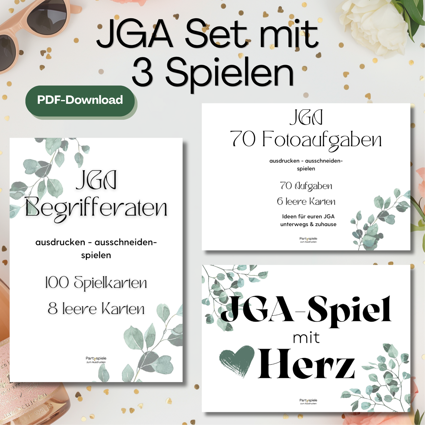 JGA Spiele Set zum Ausdrucken – Begriffe raten, Fotoaufgaben & mehr, PDF