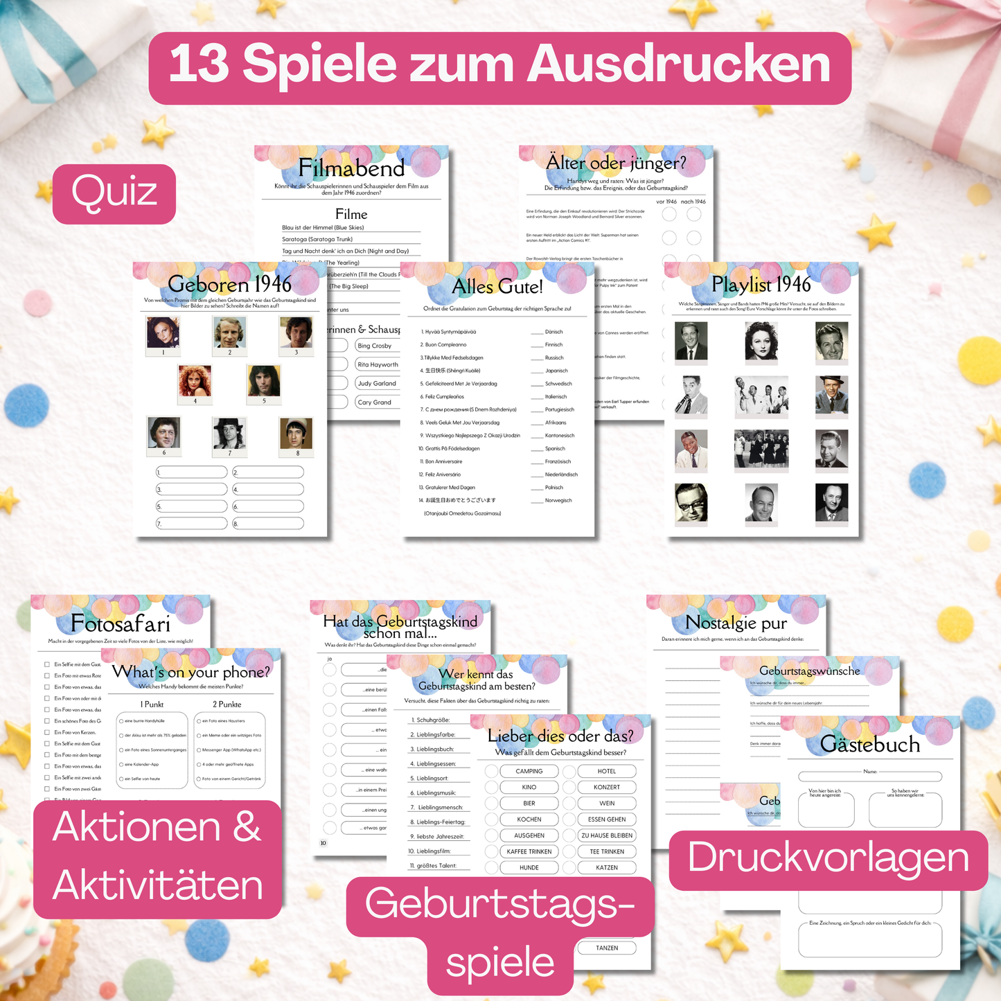 Überblick aller 13 Spiele, Ideen, Aktionen und Druckvorlagen des Sets, inkl. Gästebuch 