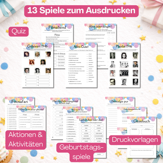 Überblick aller 13 Spiele, Ideen, Aktionen und Druckvorlagen des Sets, inkl. Gästebuch 