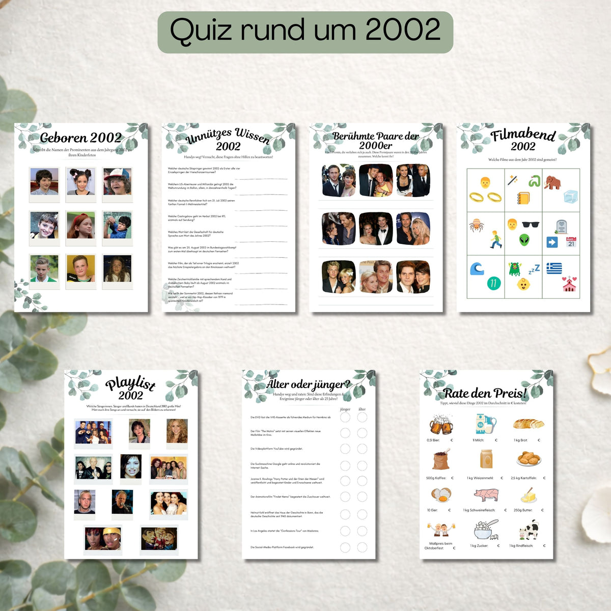 Übersicht der sieben Quiz-Seiten rund um 2002 – Geboren 2002, Unnützes Wissen 2002, Berühmte Paare der 2000er, Filmabend 2002, Playlist 2002, Älter oder jünger, Rate den Preis