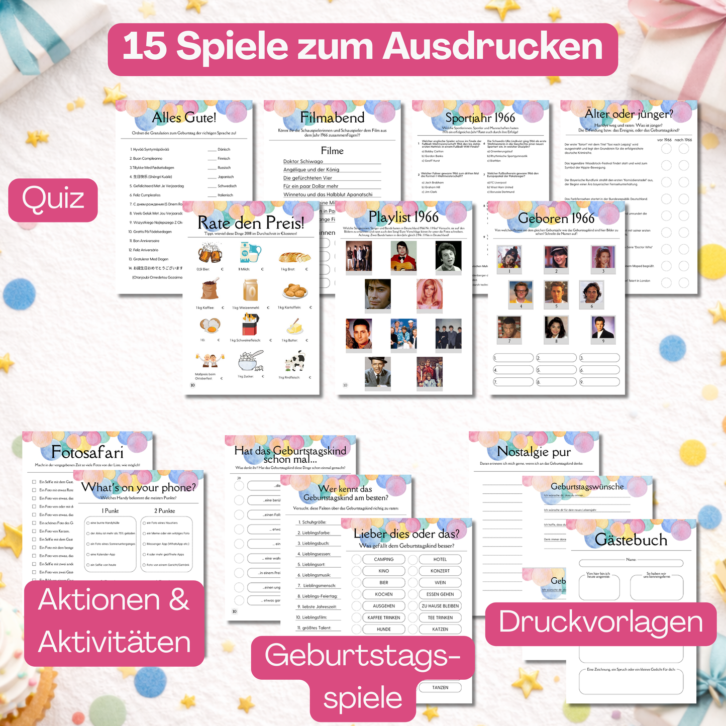 Spieleset 60. Geburtstag (1966) – 15 Partyspiele, Quiz & Gästebingo zum Ausdrucken