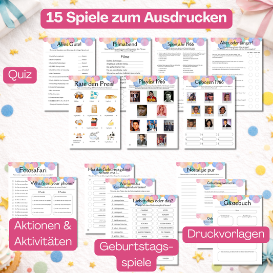 Spieleset 60. Geburtstag (1966) – 15 Partyspiele, Quiz & Gästebingo zum Ausdrucken
