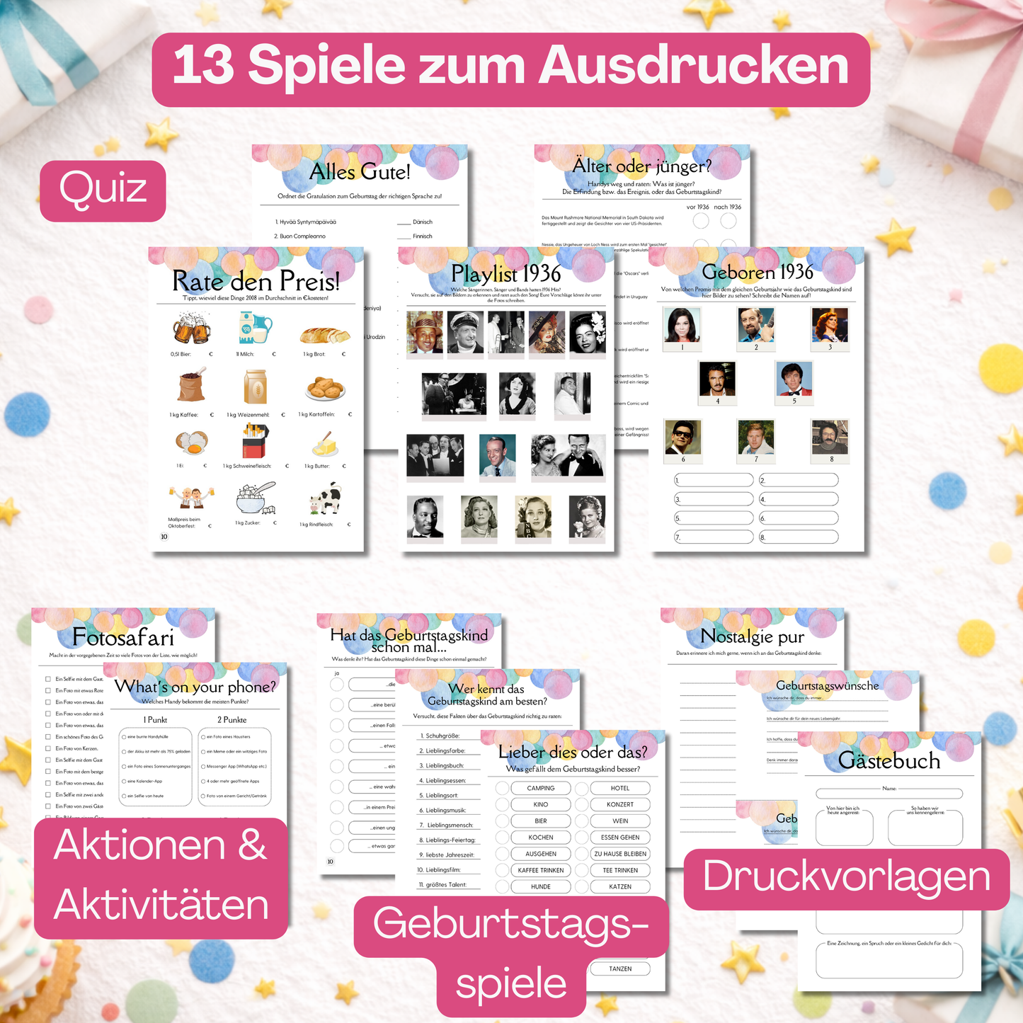 Das Set enthält 13 Spiele, Aktionen und Druckvorlagen