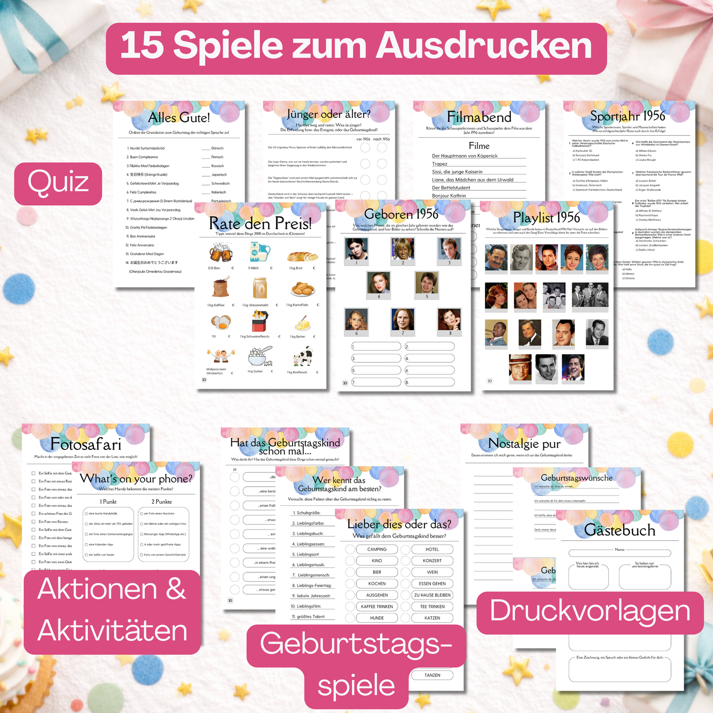 Überblick der Quiz, Aktionen, Geburtstagsspiele für Erwachsene, Druckvorlagen