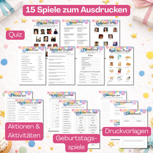 Spieleset 30. Geburtstag (1996) – 15 Partyspiele, Quiz & Gästebingo zum Ausdrucken