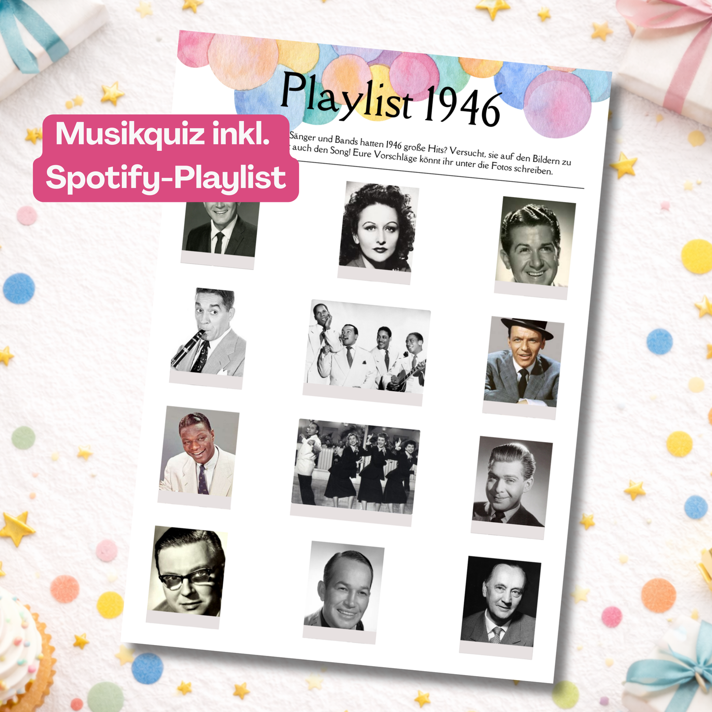 Foto des Musikquiz 1946, zu dem es auch eine Spotify-Playlist gibt (Zugang zu der Playlist ist im Set enthalten?