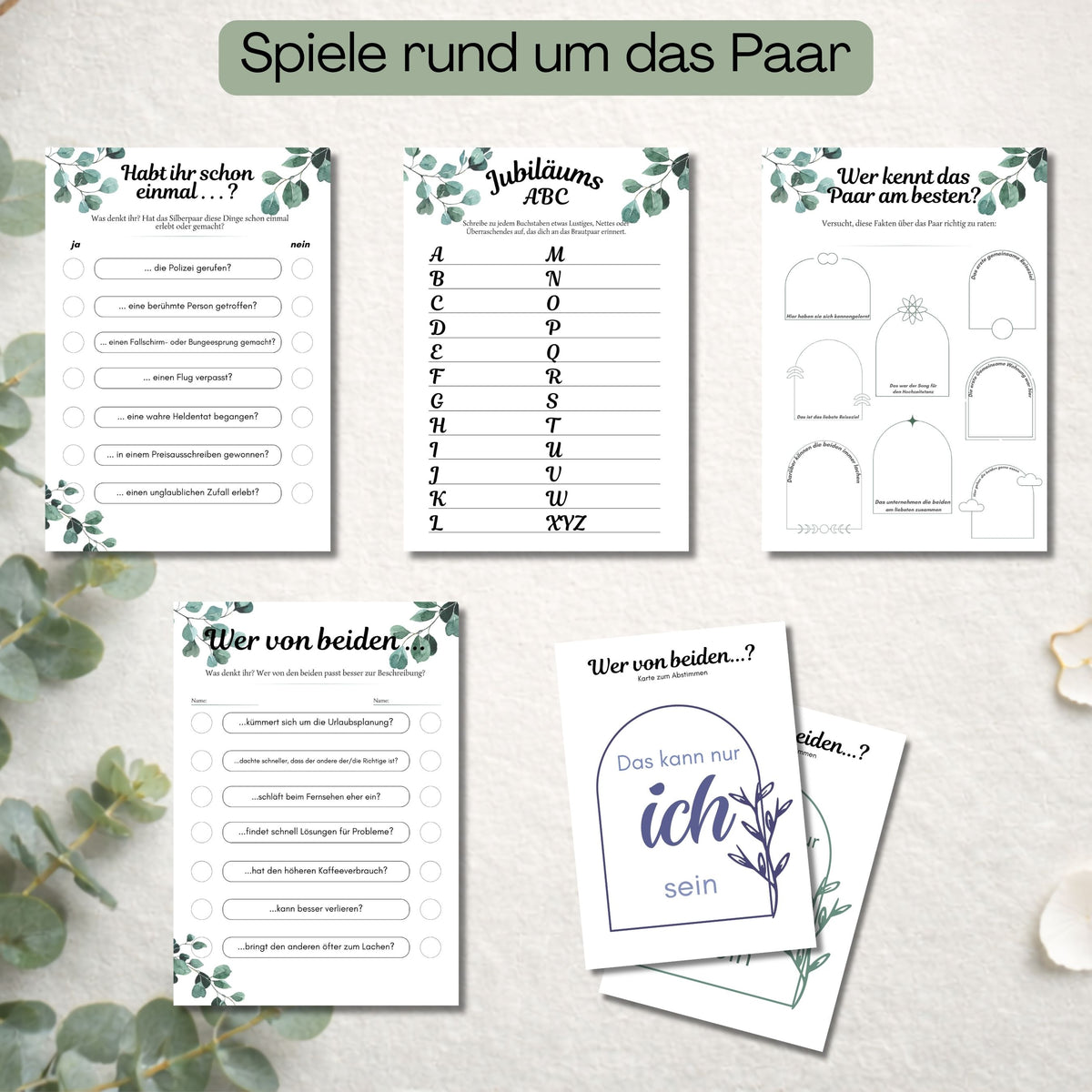 Übersicht der fünf Paar-Spiele – Habt ihr schon einmal, Jubiläums-ABC, Wer kennt das Paar am besten, Wer von beiden, plus Abstimmkarten