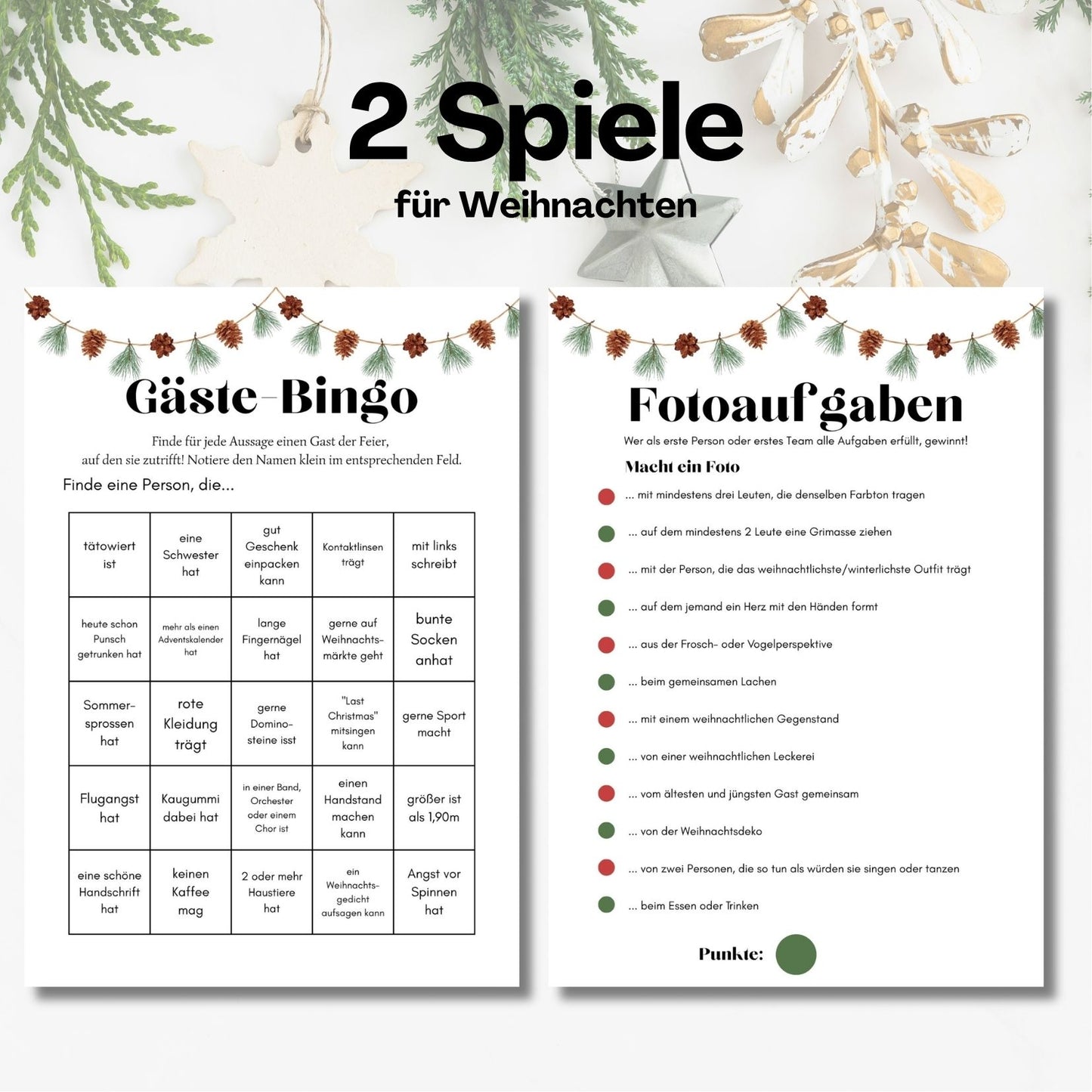 Spiele Set Gästebingo Fotoaufgaben Weihnachten Familie