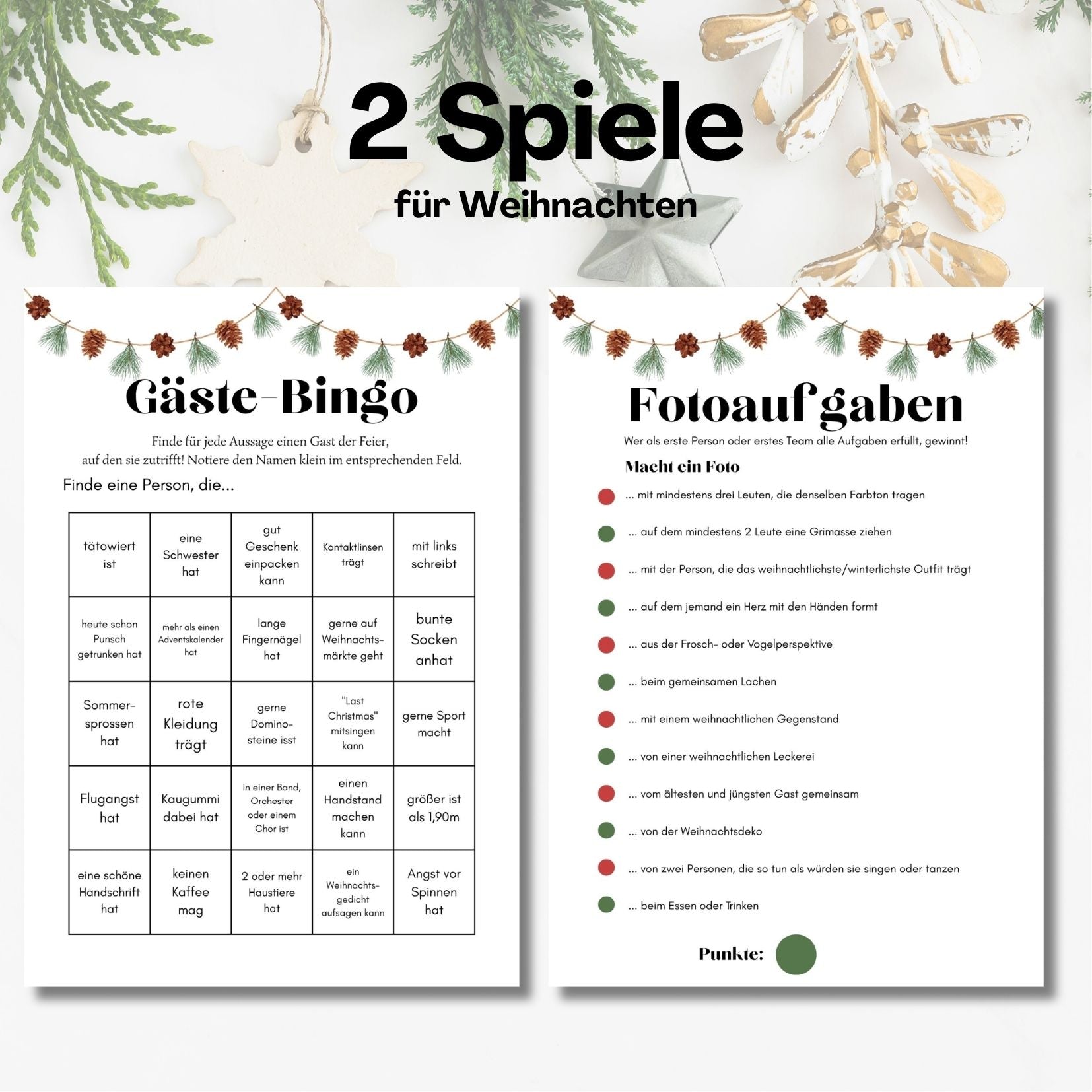 Spiele Set Gästebingo Fotoaufgaben Weihnachten Familie