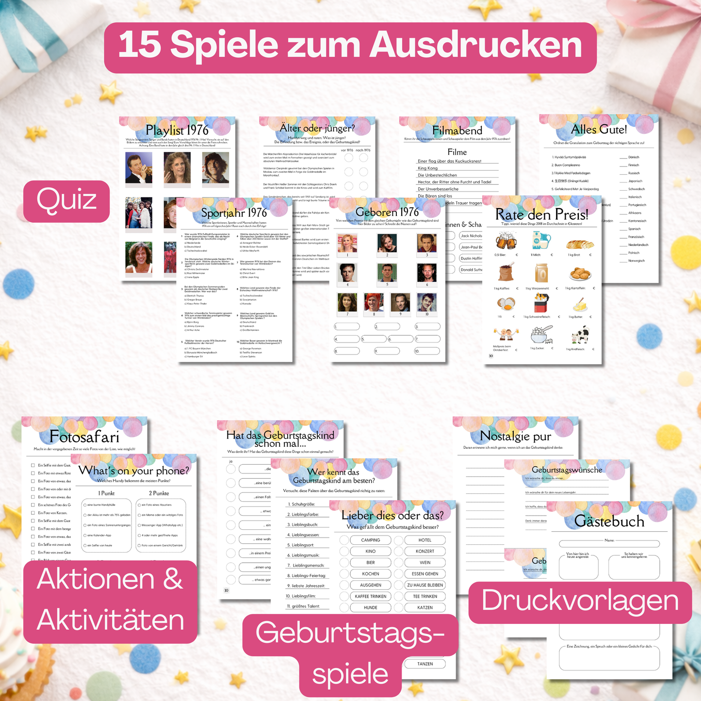 Spieleset 50. Geburtstag (1976) – 15 Partyspiele, Quiz & Gästebingo zum Ausdrucken