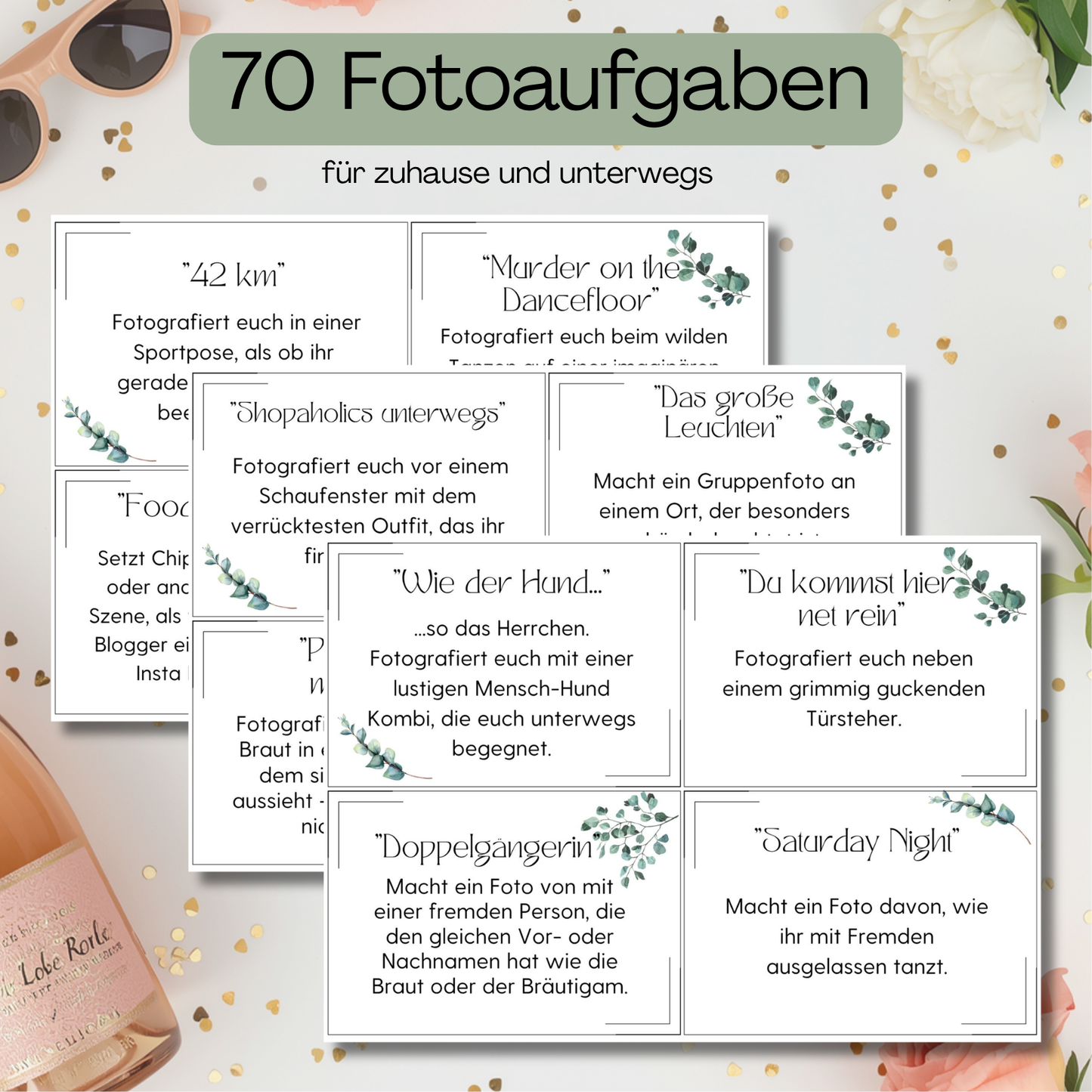 JGA Spiele Set zum Ausdrucken – Begriffe raten, Fotoaufgaben & mehr, PDF
