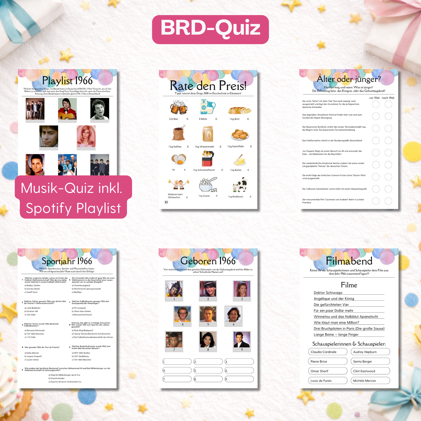 Spieleset 60. Geburtstag (1966) – 15 Partyspiele, Quiz & Gästebingo zum Ausdrucken
