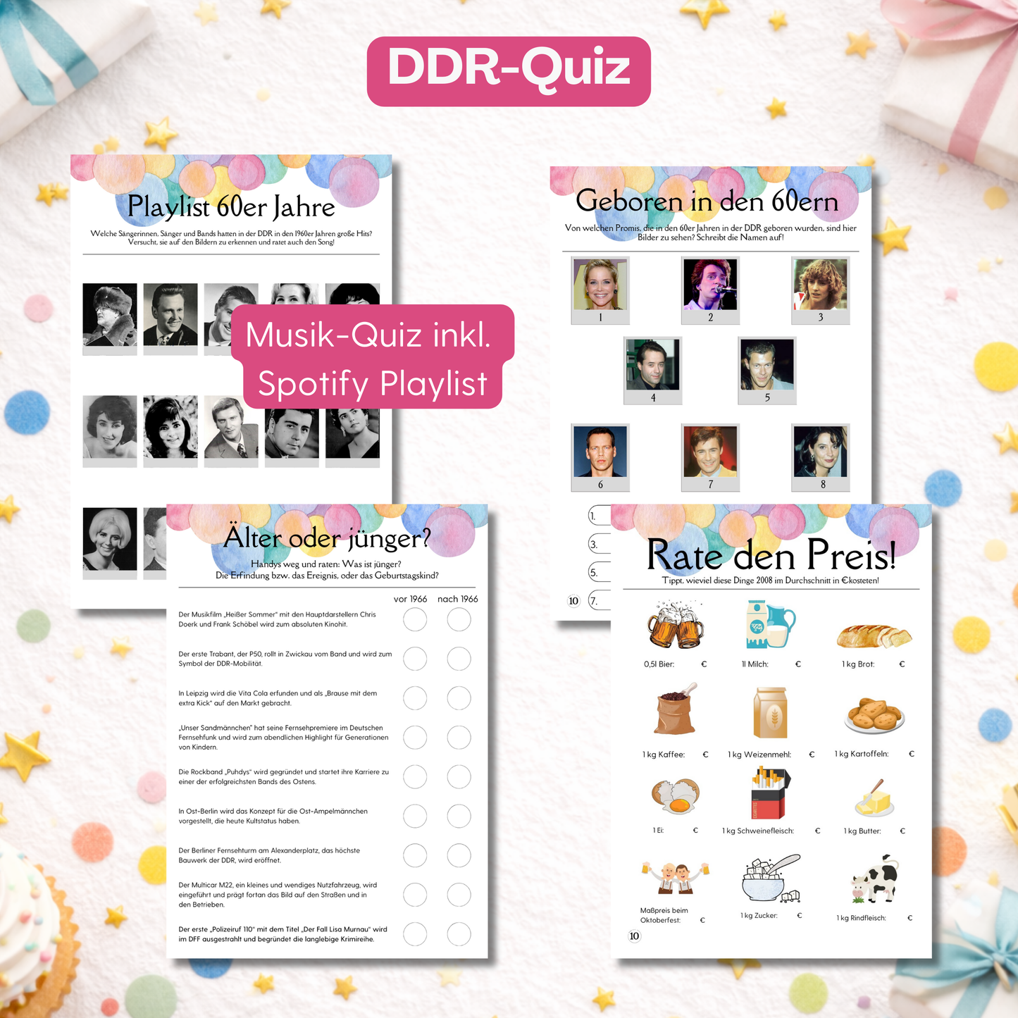 Spieleset 60. Geburtstag (1966) – 15 Partyspiele, Quiz & Gästebingo zum Ausdrucken