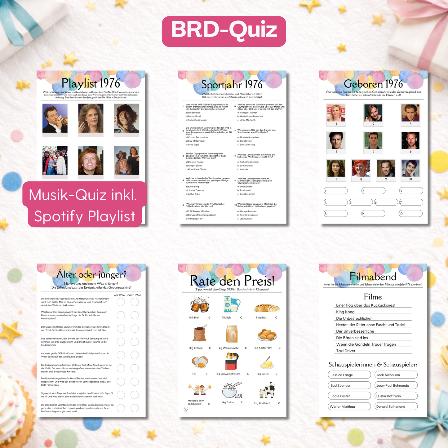 Spieleset 50. Geburtstag (1976) – 15 Partyspiele, Quiz & Gästebingo zum Ausdrucken