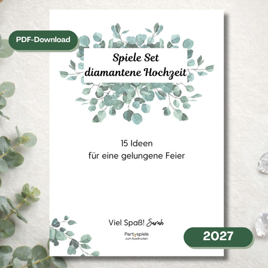 Spiele Set diamantene Hochzeit 2027" mit Eukalyptus-Design, Etiketten „PDF-Download