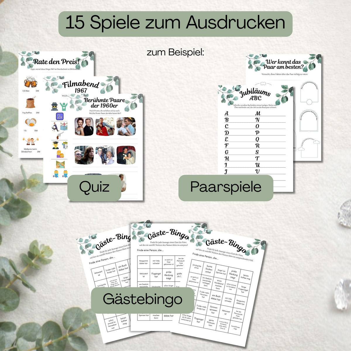 Übersicht der 15 Spiele zum Ausdrucken für die diamantene Hochzeit: Beispielseiten für Quiz, Paarspiele und Gästebingo im Eukalyptus-Design