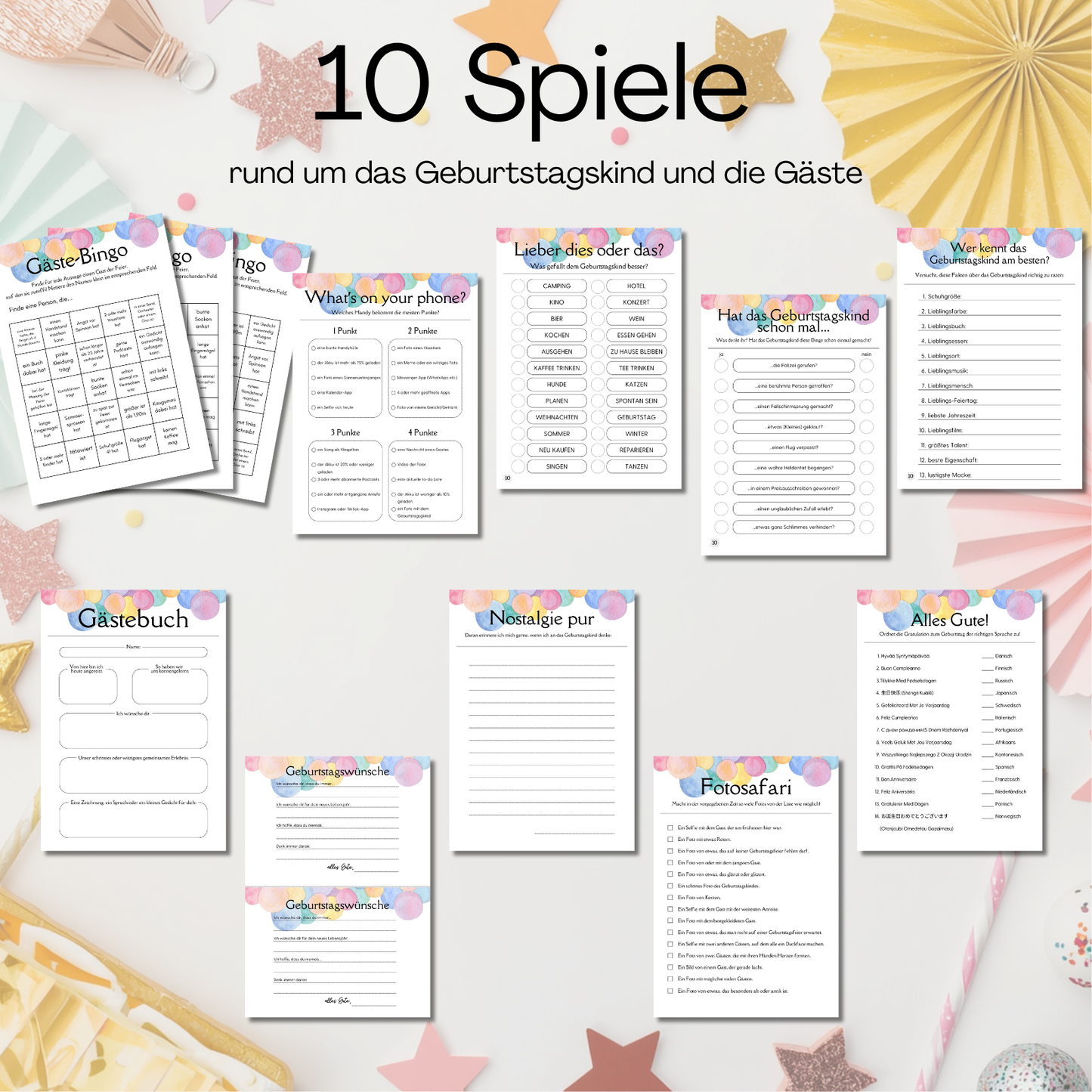 Geburtstag Spiele Set für Erwachsene – 10 Partyspiele & Aktivitäten zum Ausdrucken, PDF