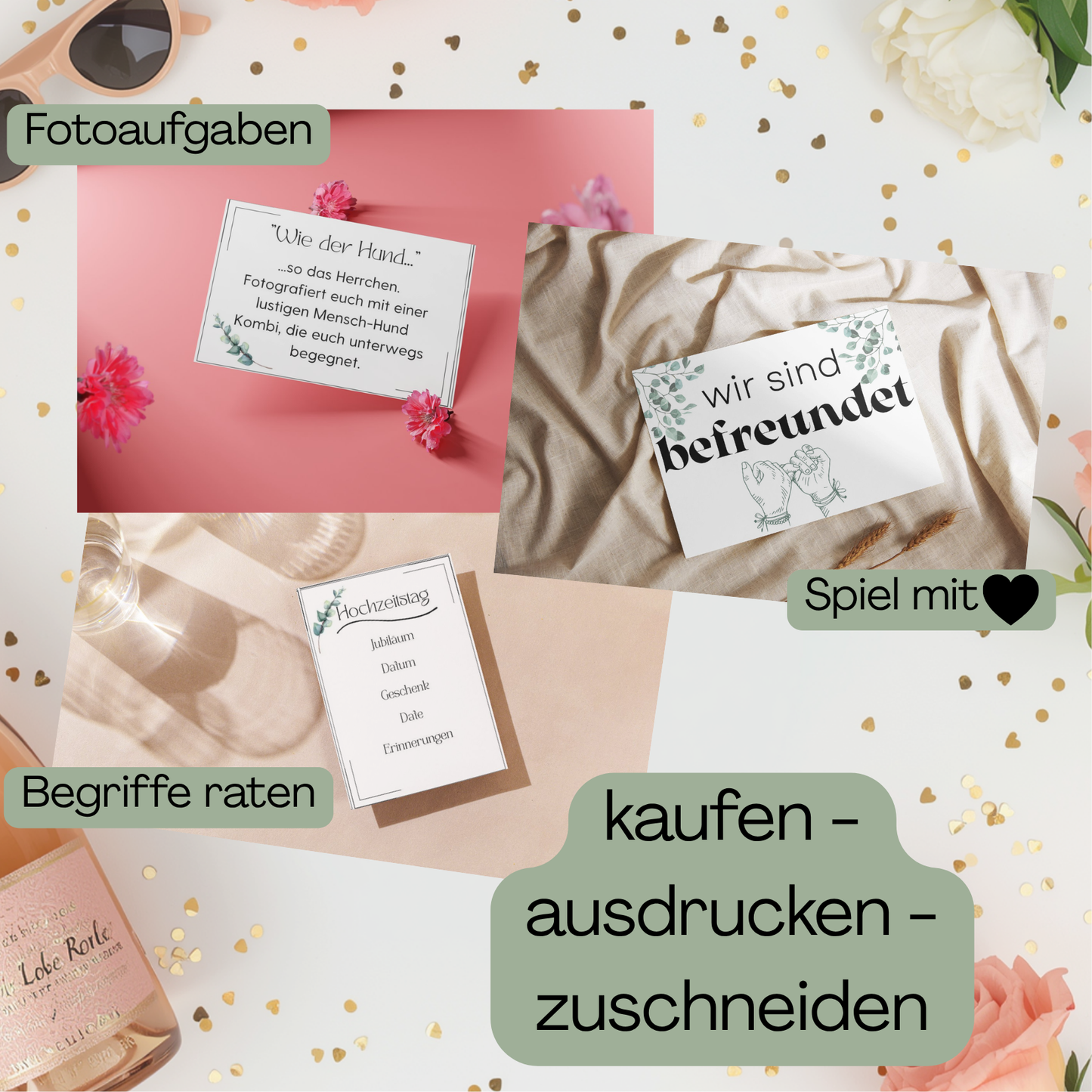JGA Spiele Set zum Ausdrucken – Begriffe raten, Fotoaufgaben & mehr, PDF