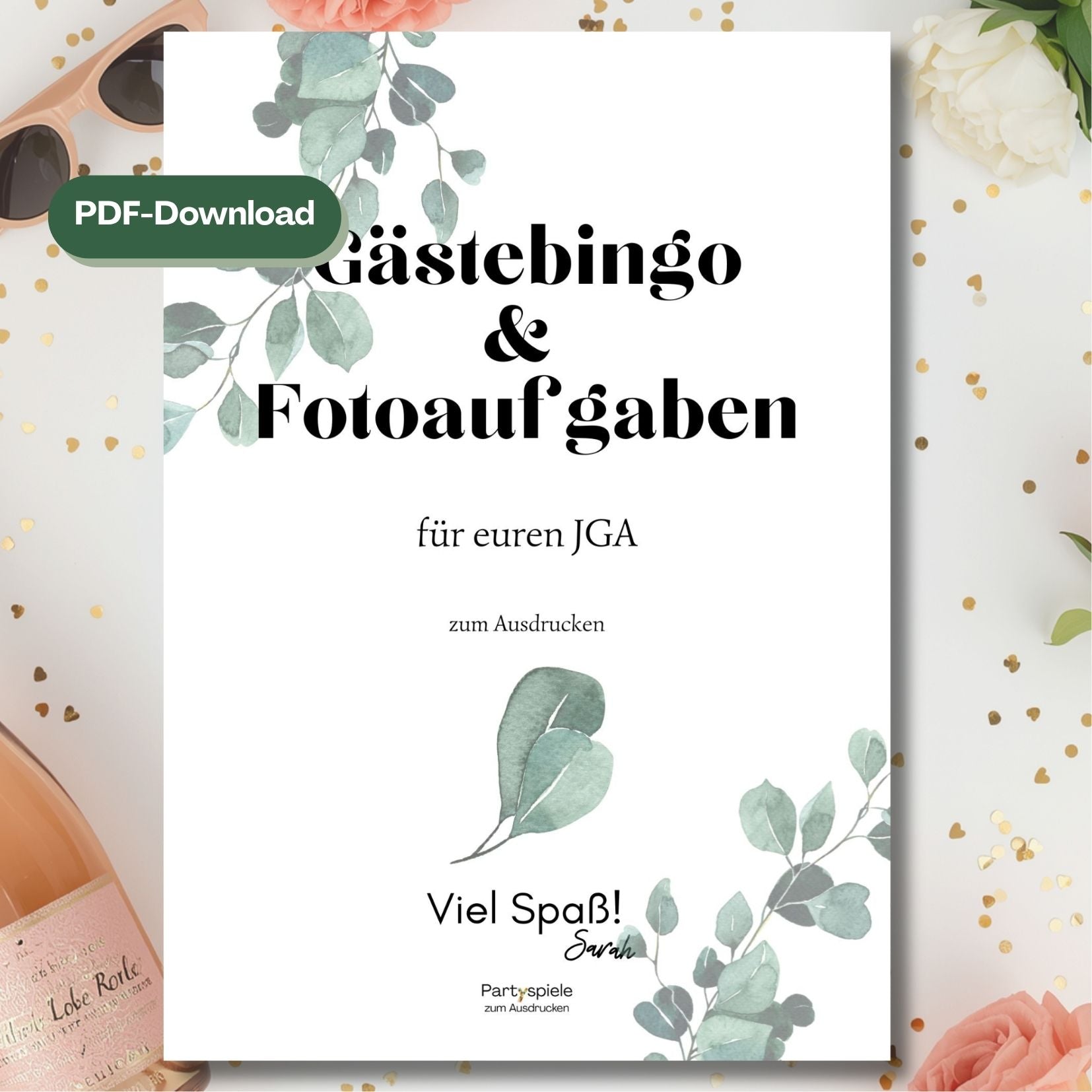 JGA Spiele Set Gästebingo Fotoaufgaben Foto des Deckblattes mit dem Hinweis, dass es sich um einen Download handelt.