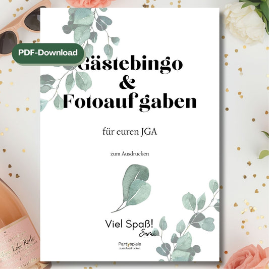 JGA Spiele Set Gästebingo Fotoaufgaben Foto des Deckblattes mit dem Hinweis, dass es sich um einen Download handelt.