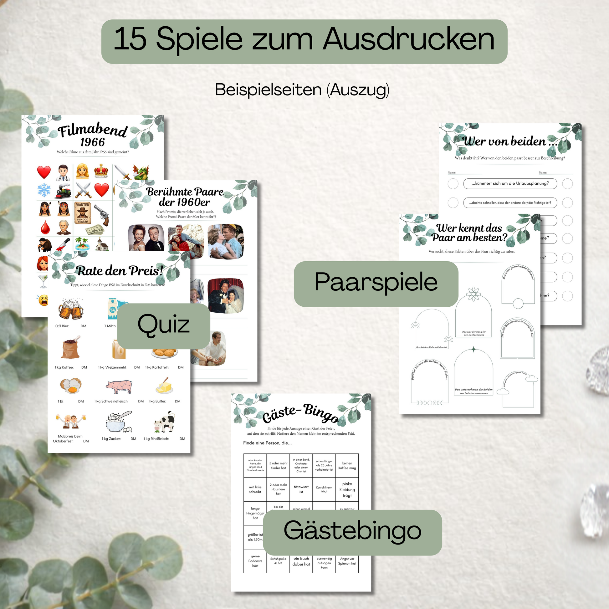 Gästebingo zum Ausdrucken für diamantene Hochzeit mit 10 Spielbögen und Blanko Vorlage