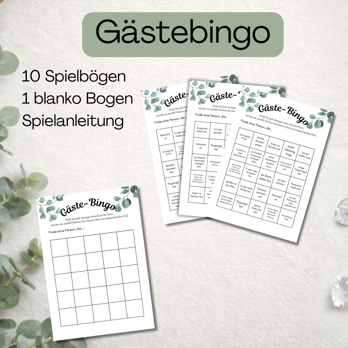Gästebingo für die diamantene Hochzeit: 10 Spielbögen, ein Blanko-Bogen und Spielanleitung, Eukalyptus-Design
