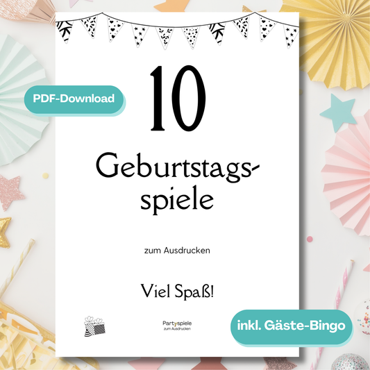 Geburtstag Spiele Set für Erwachsene – 10 Partyspiele & Aktivitäten zum Ausdrucken, PDF, schwarz weiß