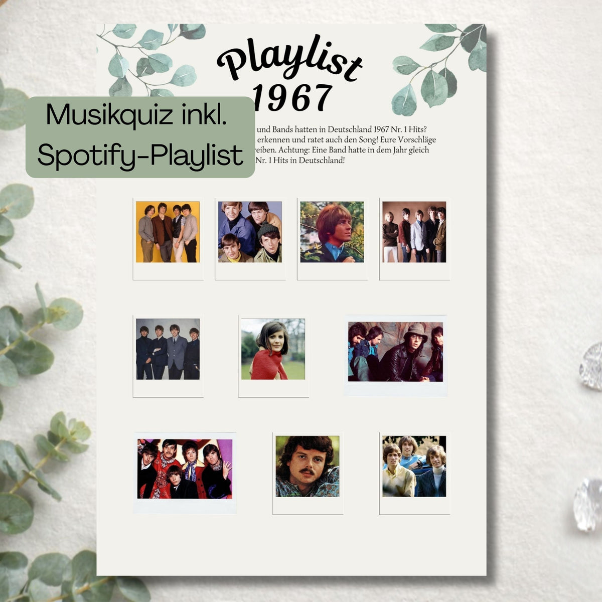 Musik-Quiz „Playlist 1967" mit Spotify-Playlist: Fotos von Bands und Sängern der 1960er zum Erraten, Eukalyptus-Design