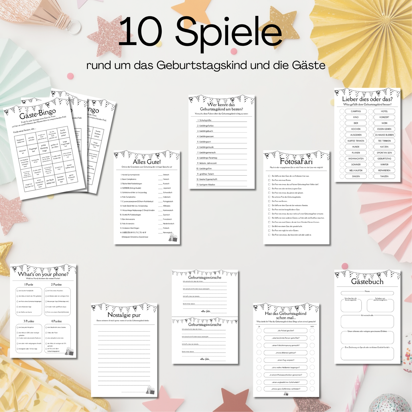 Geburtstag Spiele Set für Erwachsene – 10 Partyspiele & Aktivitäten zum Ausdrucken, PDF, schwarz weiß