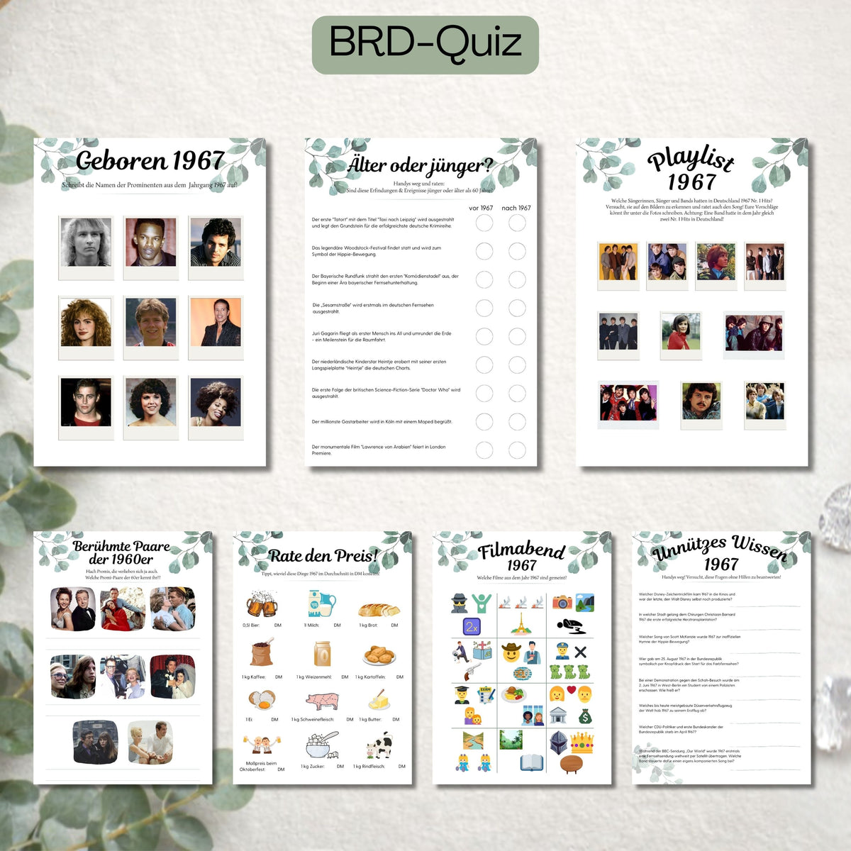 BRD-Quiz zur diamantenen Hochzeit: Seiten zu Geboren 1967, Älter oder jünger, Playlist, berühmte Paare, Rate den Preis, Filmabend und unnützes Wissen