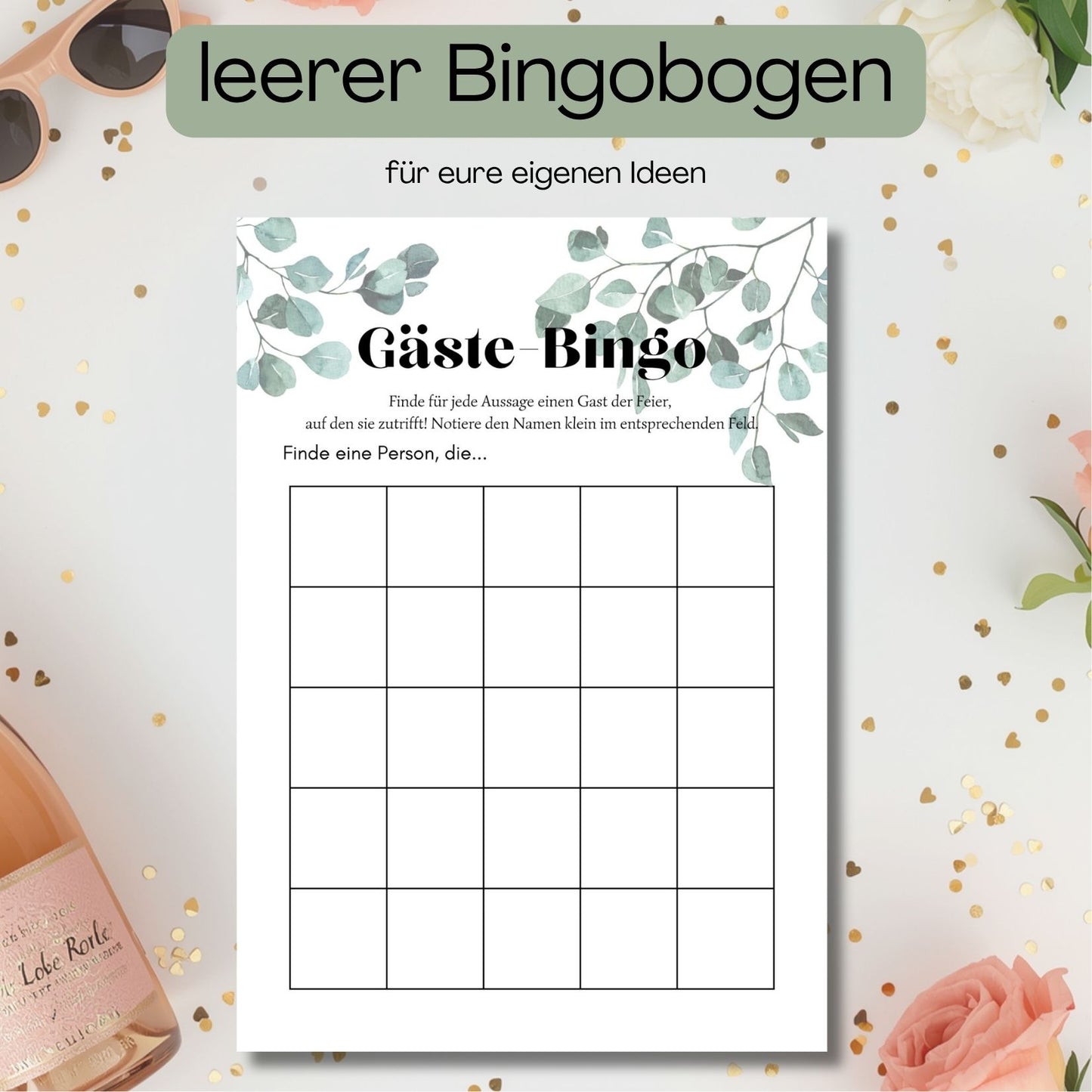 Foto des leeren JGA Bingobogens für das Gästebingo Spiel, in dem die JGA Gästinnen ihre eigenen Ideen eintragen können.