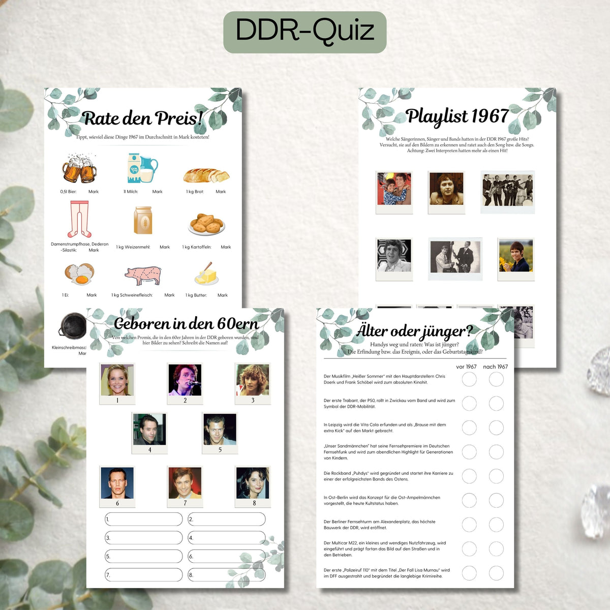 DDR-Quiz zur diamantenen Hochzeit: Seiten zu Rate den Preis, Playlist 1967, Geboren in den 60ern und Älter oder jünger, Eukalyptus-Design