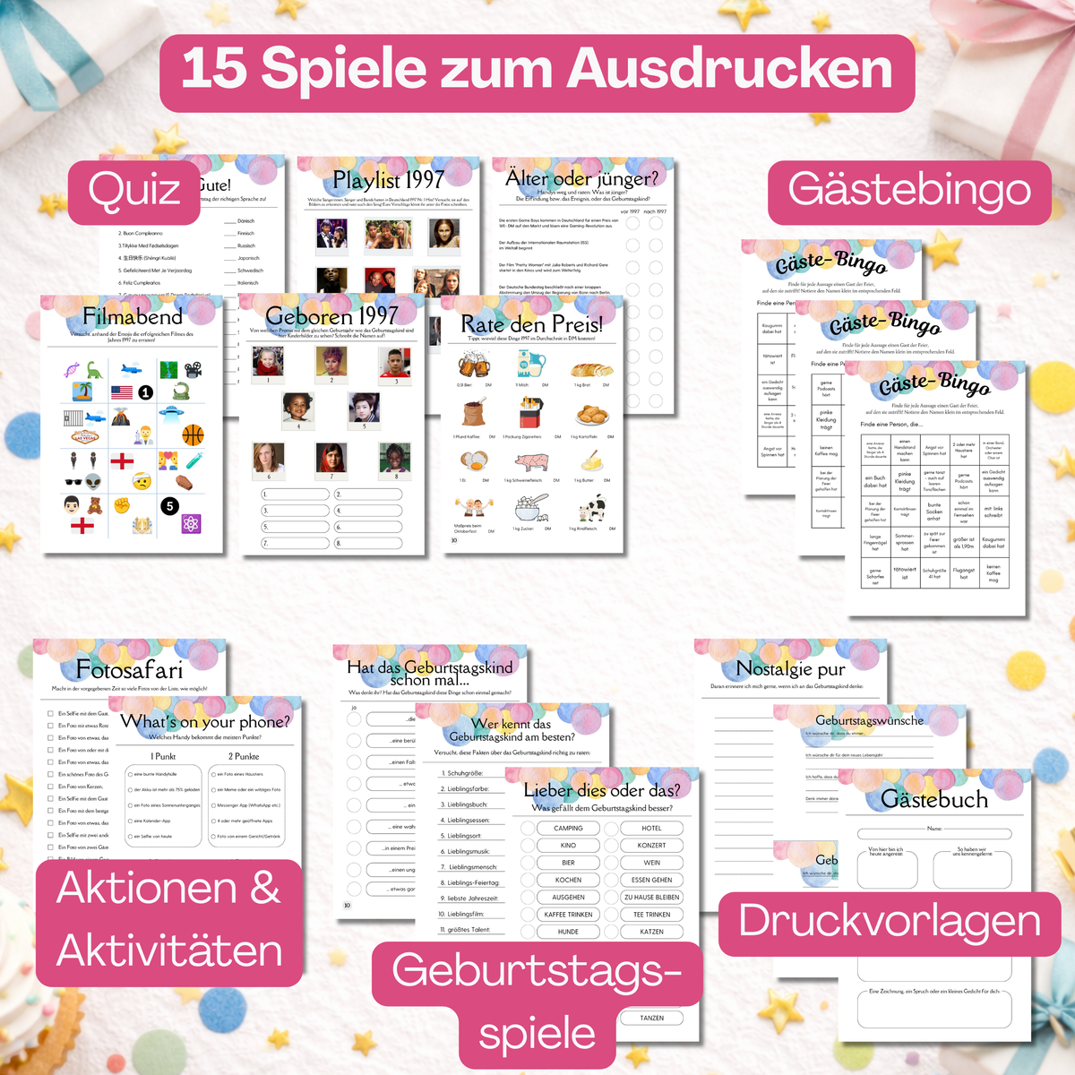 Übersicht 15 Spiele zum 30. Geburtstag zum Ausdrucken – Quiz, Gästebingo, Aktivitäten und Druckvorlagen