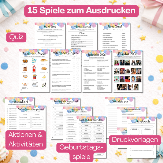 Spieleset 20. Geburtstag (2006) – 15 Partyspiele, Quiz & Gästebingo zum Ausdrucken (Kopie)