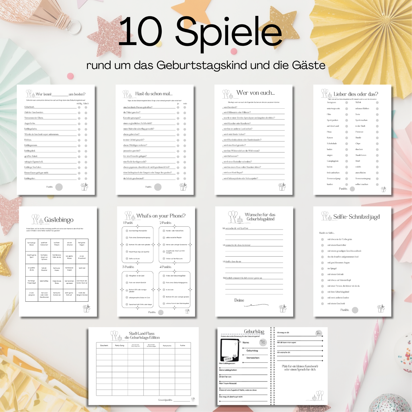 Teenager Geburtstag Spiele Set – 10 Partyspiele für Teenie Geburtstagsparty zum Ausdrucken, PDF, schwarz/weiß