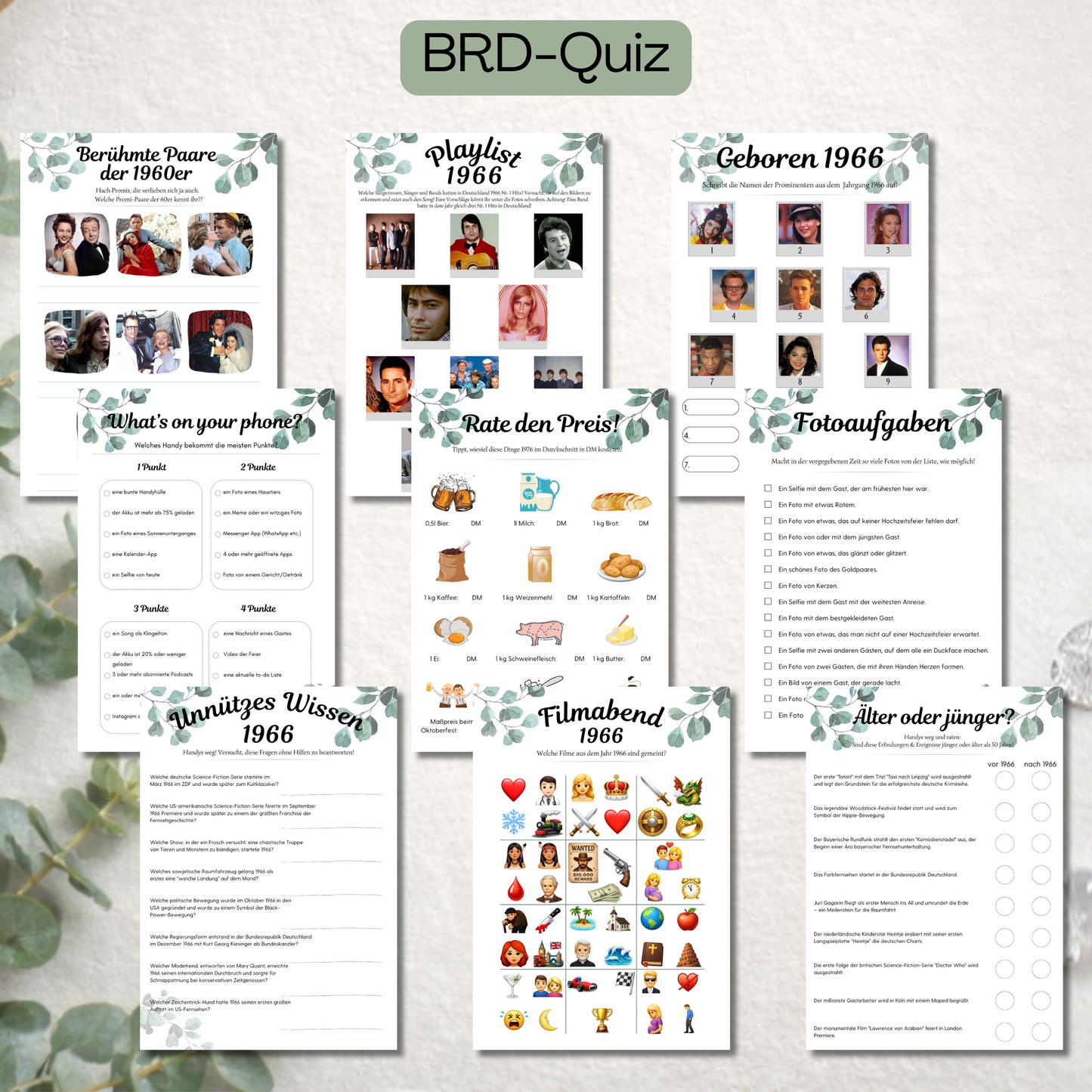 BRD Quiz 1966 für diamantene Hochzeit mit Wissensfragen, Filmquiz und Fotoaufgaben