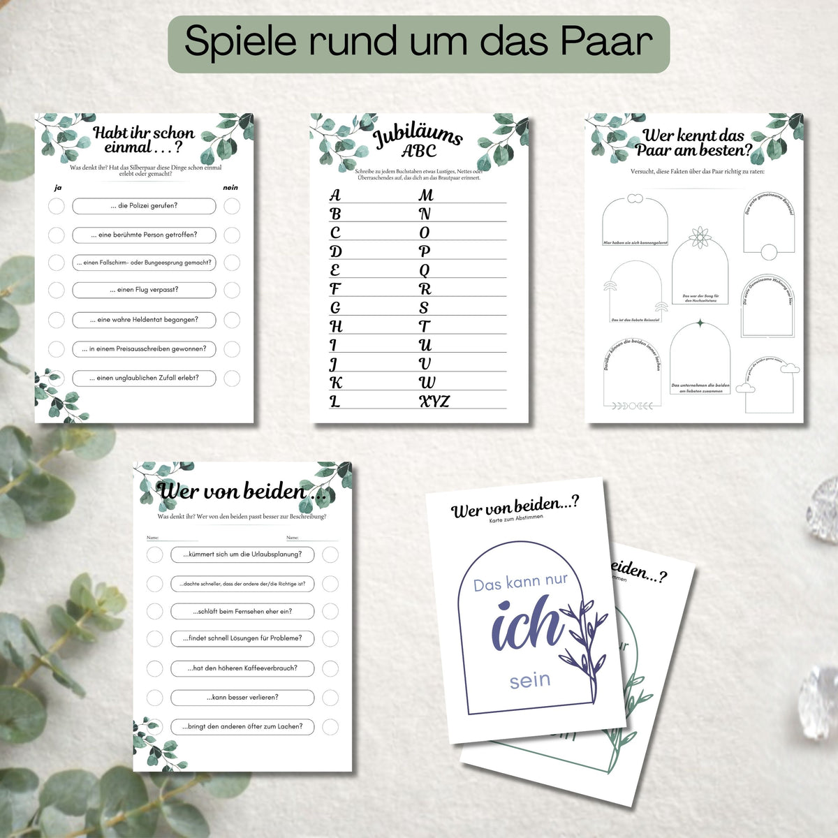 Paarspiele zur diamantenen Hochzeit: Habt ihr schon einmal, Jubiläums-ABC, Wer kennt das Paar am besten und Wer von beiden, Eukalyptus-Design