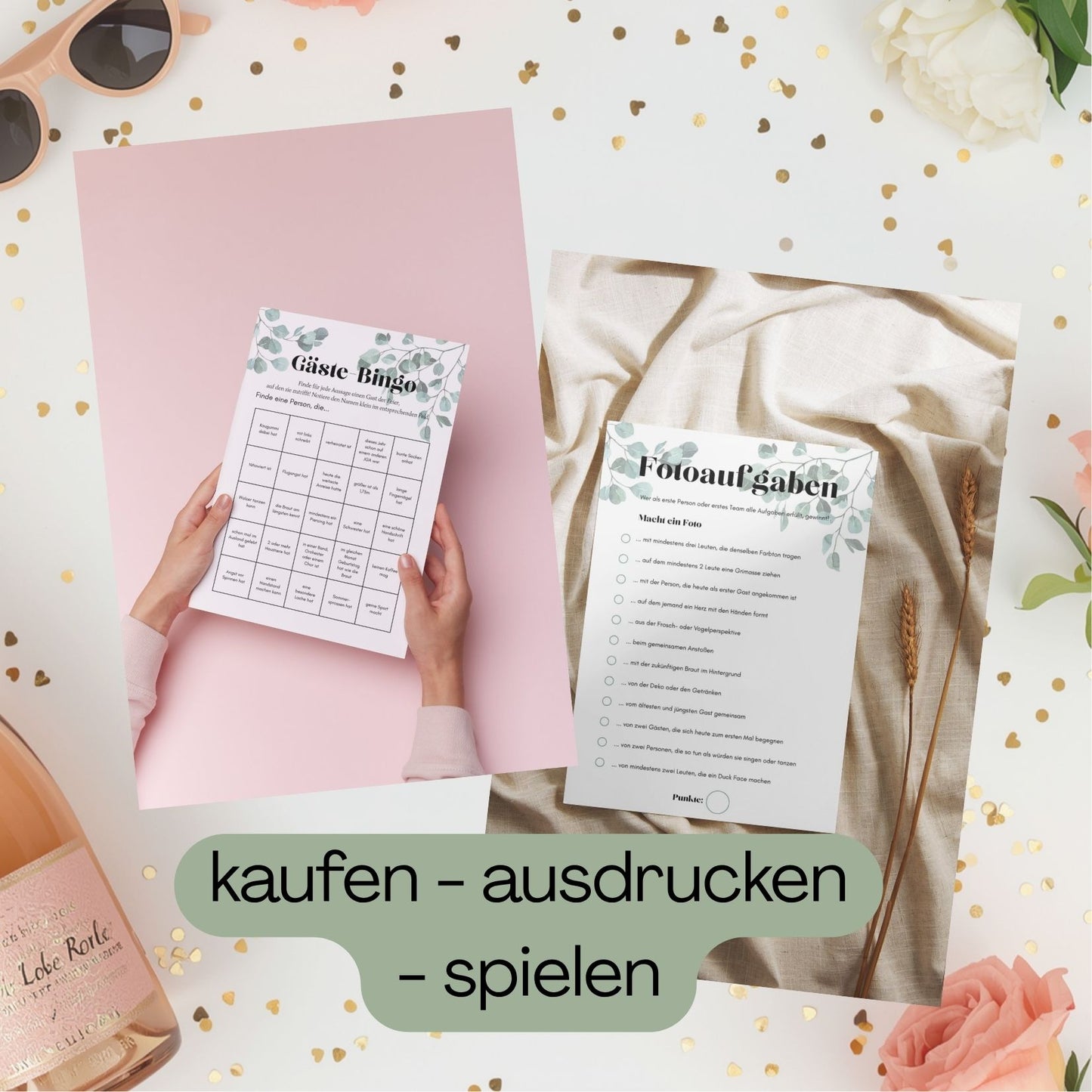 Hinweis darauf wie schnell das Set dir zur Verfügung steht mit Fotos der ausgedruckten Seiten. 