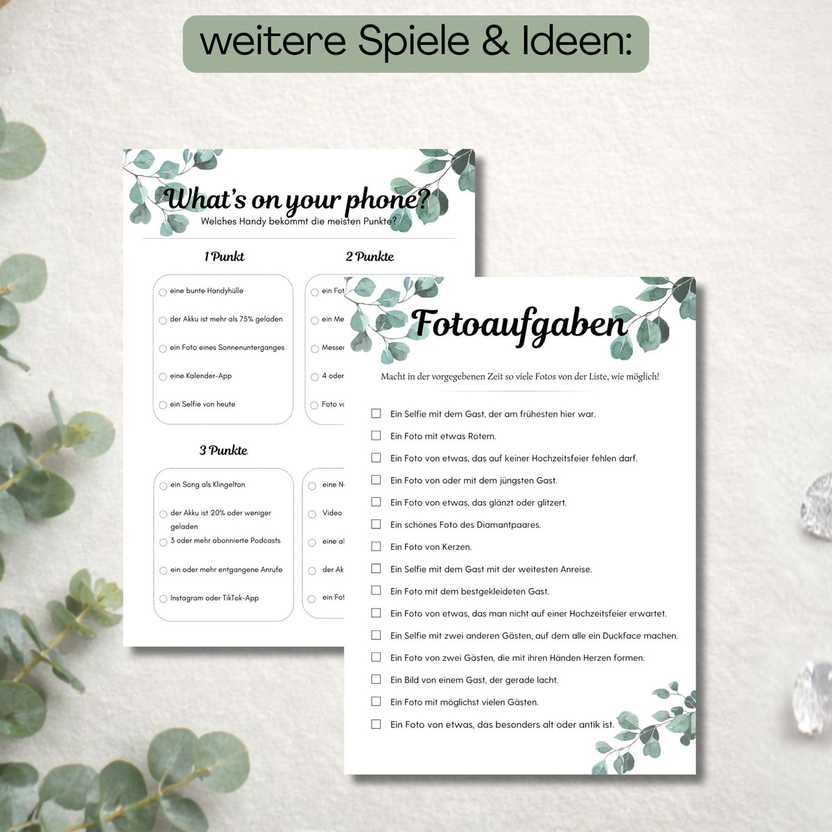 Weitere Spiele: Handy-Quiz „What's on your phone?" und Fotoaufgaben für die Hochzeitsfeier, Eukalyptus-Design