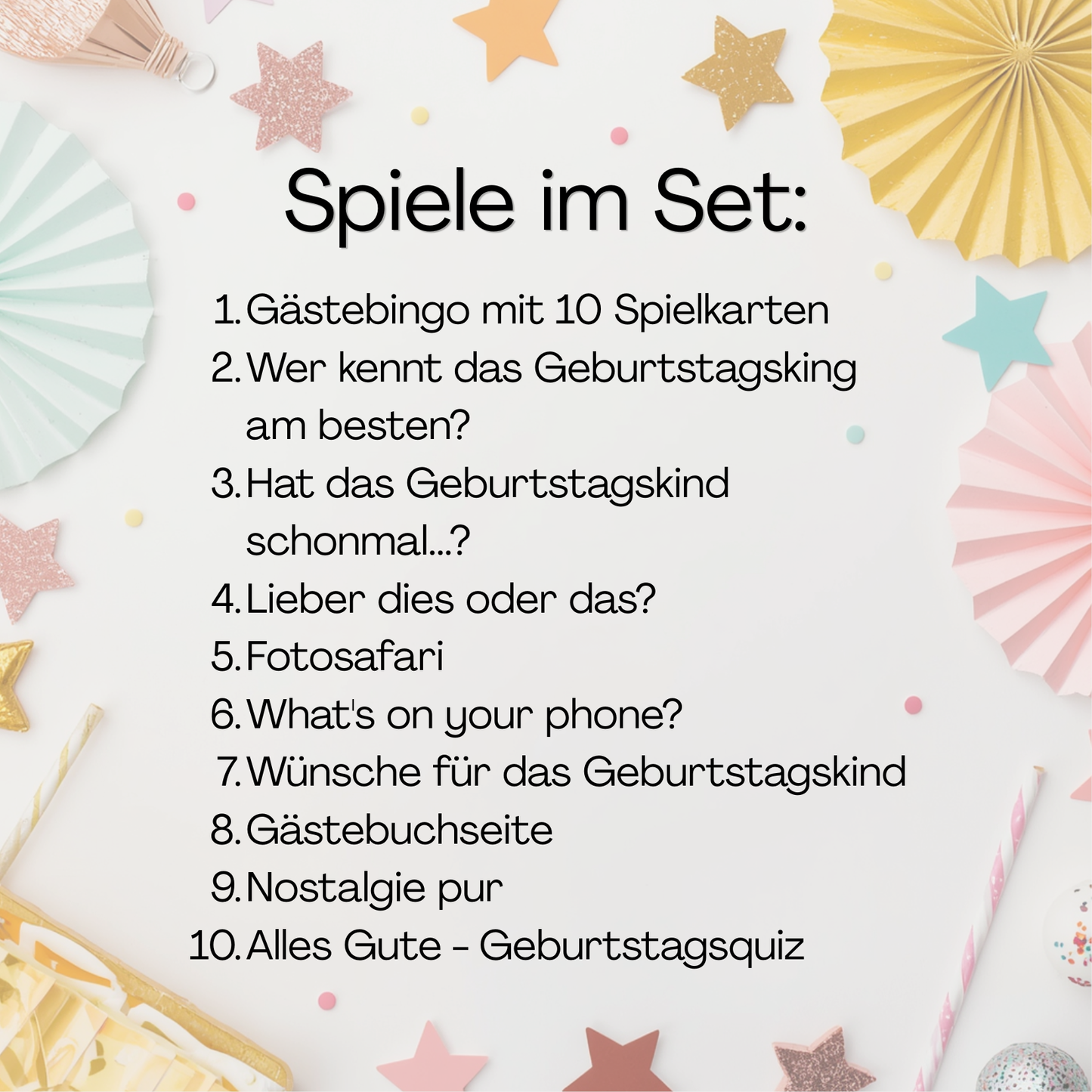Geburtstag Spiele Set für Erwachsene – 10 Partyspiele & Aktivitäten zum Ausdrucken, PDF, schwarz weiß