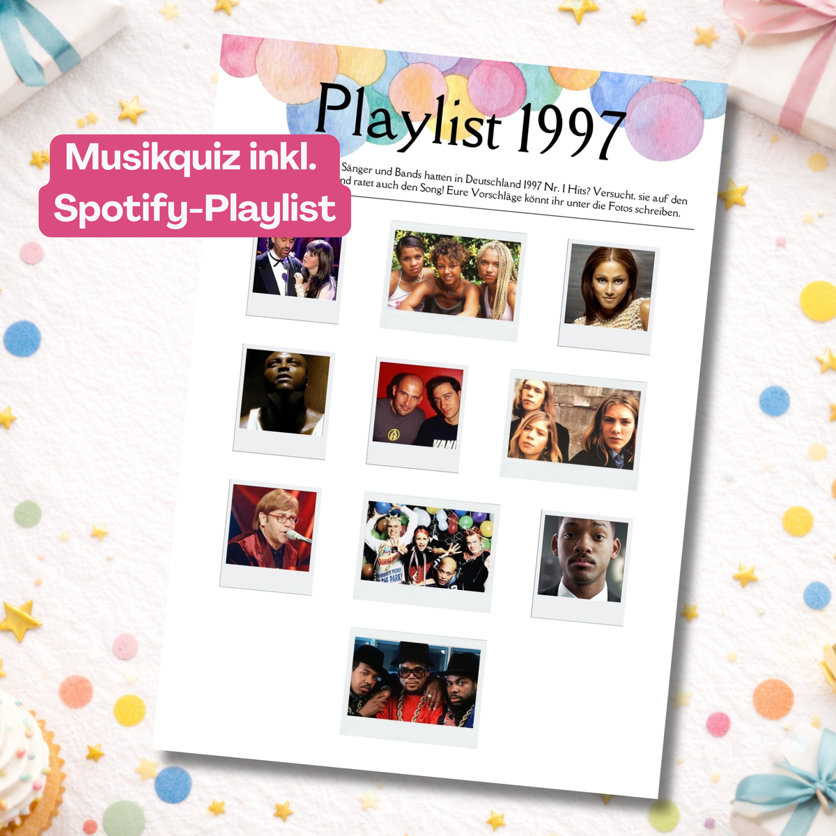 Musikquiz zum 30. Geburtstag zum Ausdrucken – Playlist 1997 mit Nr.-1-Hits und Spotify-Playlist zum Erraten