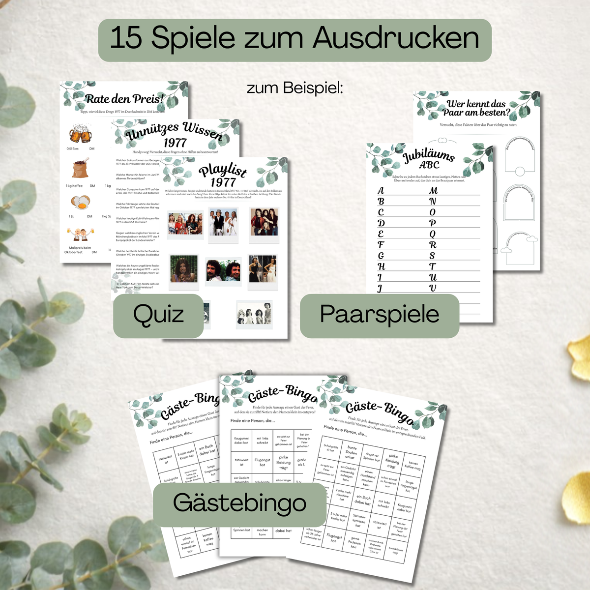 Übersicht der 15 Spiele zur goldenen Hochzeit zum Ausdrucken: Quiz, Paarspiele und Gästebingo