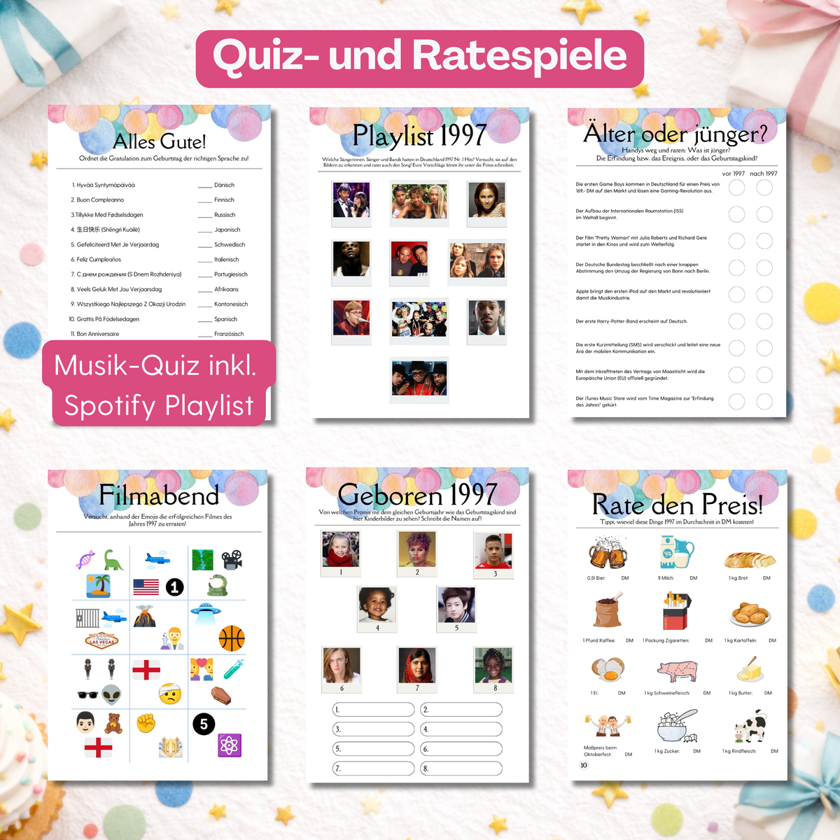 Spiele zum 30. Geburtstag 2027 zum Ausdrucken – Quiz- und Ratespiele mit Musikquiz inklusive Spotify-Playlist